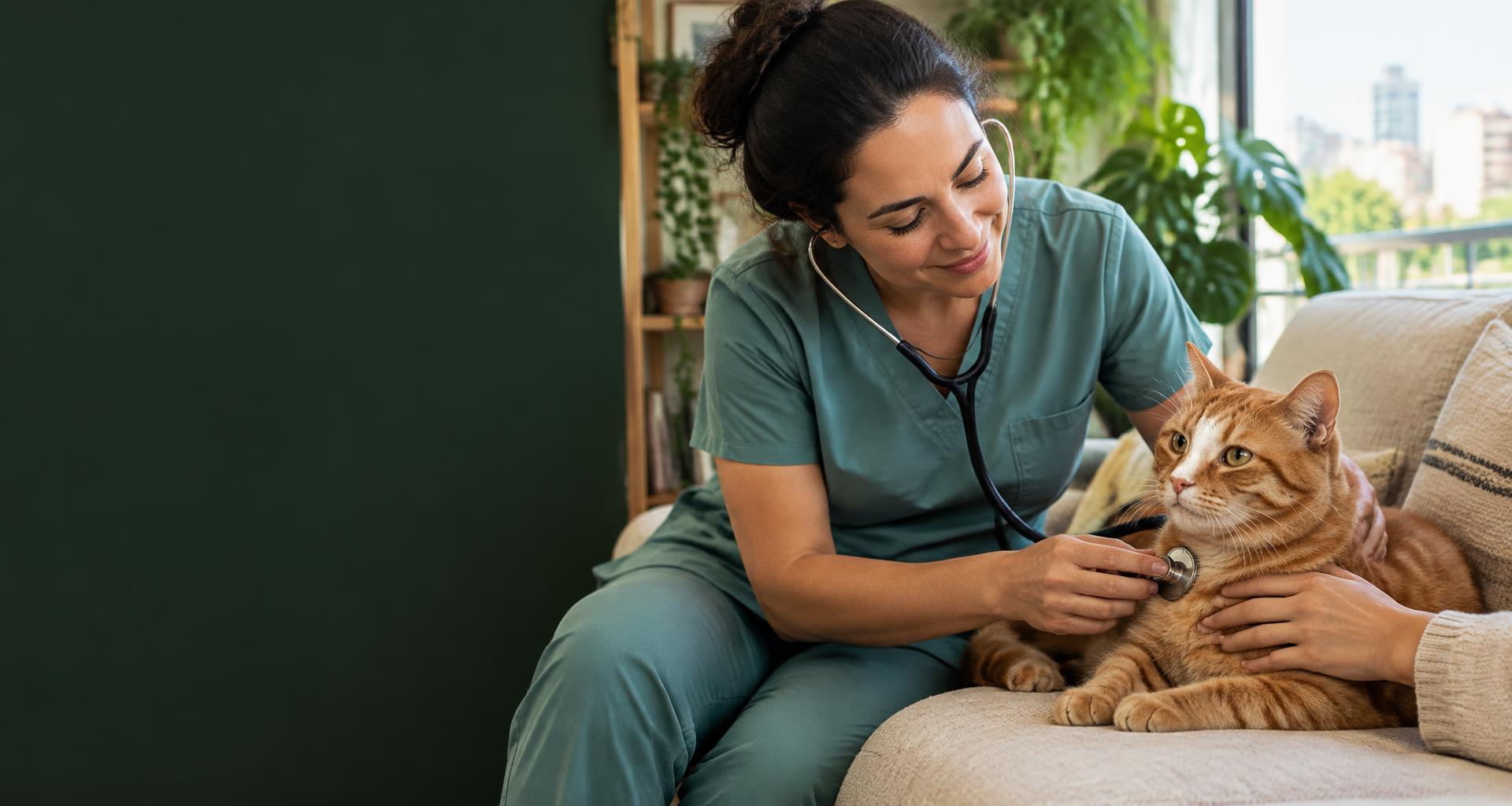 Veterinária examinando um gato no conforto de casa — imagem ilustrativa